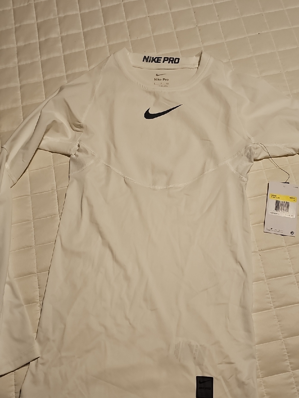 Nike White Long Sleeve Compression Shirt with Black Swoosh